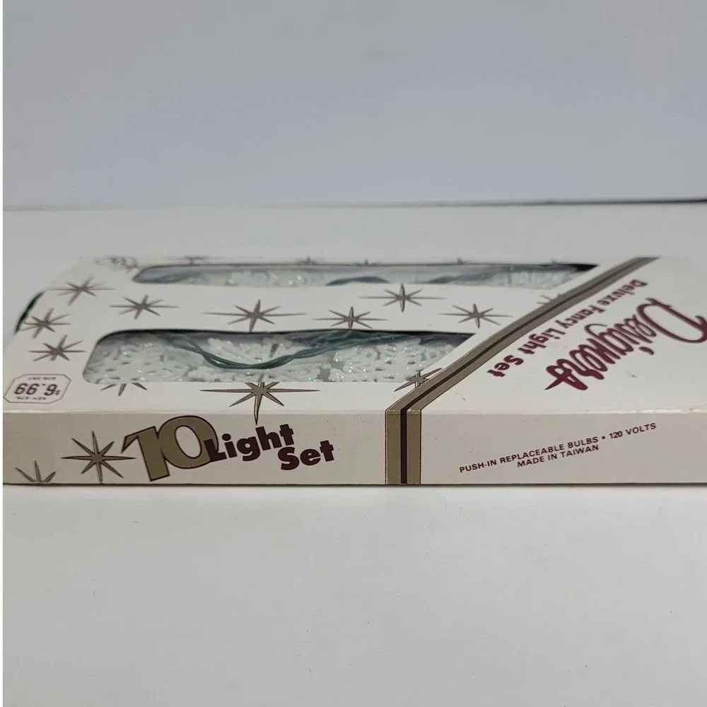 Vintage Designers Deluxe Fancy Light Set 10 White Glitter Snowflake Christmas